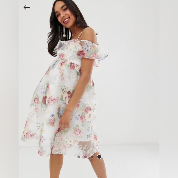 CHI CHI LONDON MATERNITY BARDOT OVERLAY FLORAL WITH FRILL IN CREAM - Picture 4 of 6
